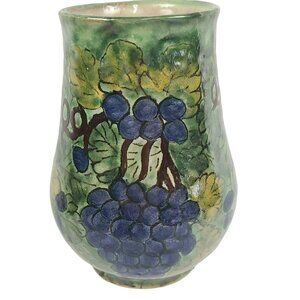 Talavera Pottery Vase La Corona Tlaxcala Mexico 6.75" Signed Grapes Grape Vine